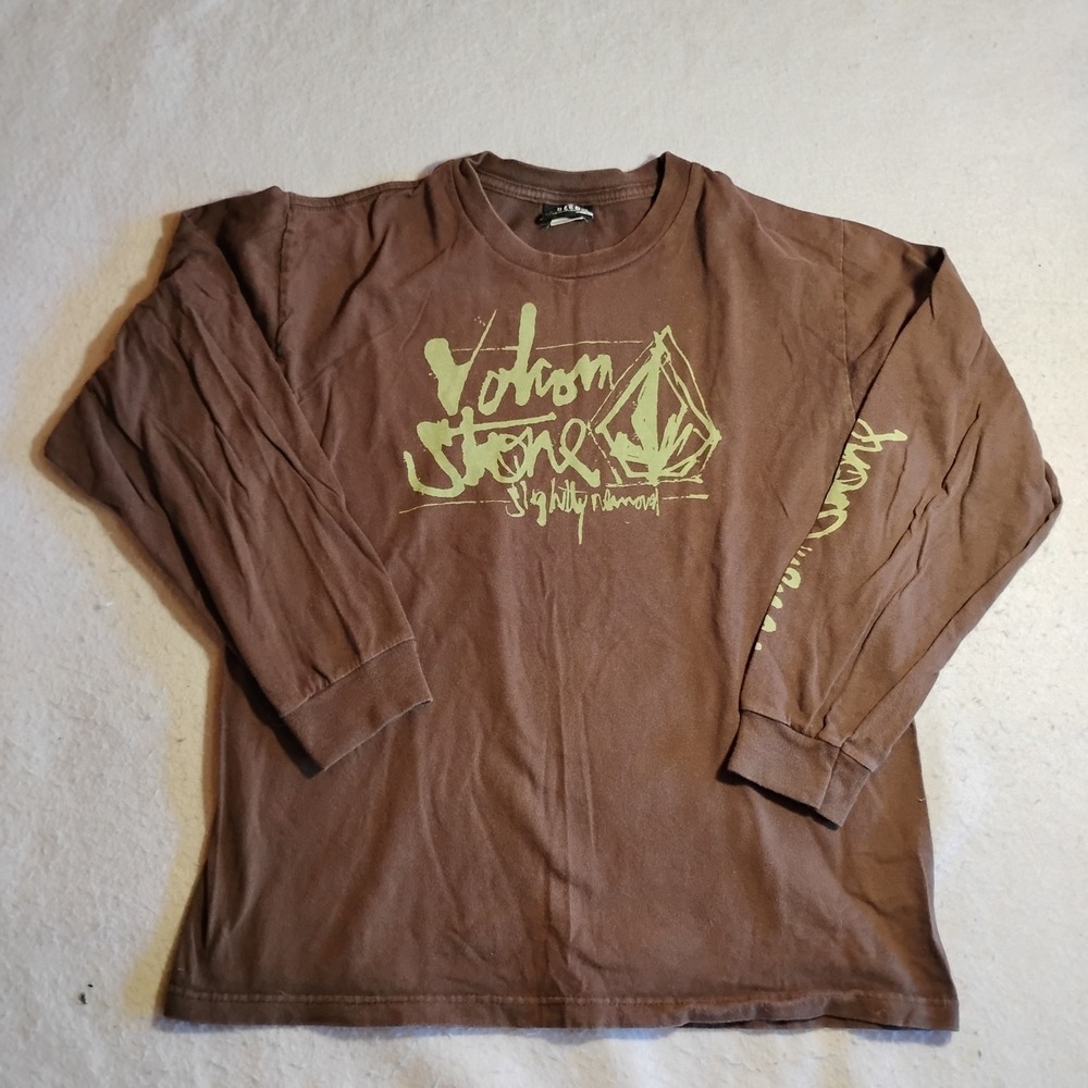 Vintage Volcom Stone Kid XL Brown Long Sleeve Graphic T-Shirt Skater Surf Cotton